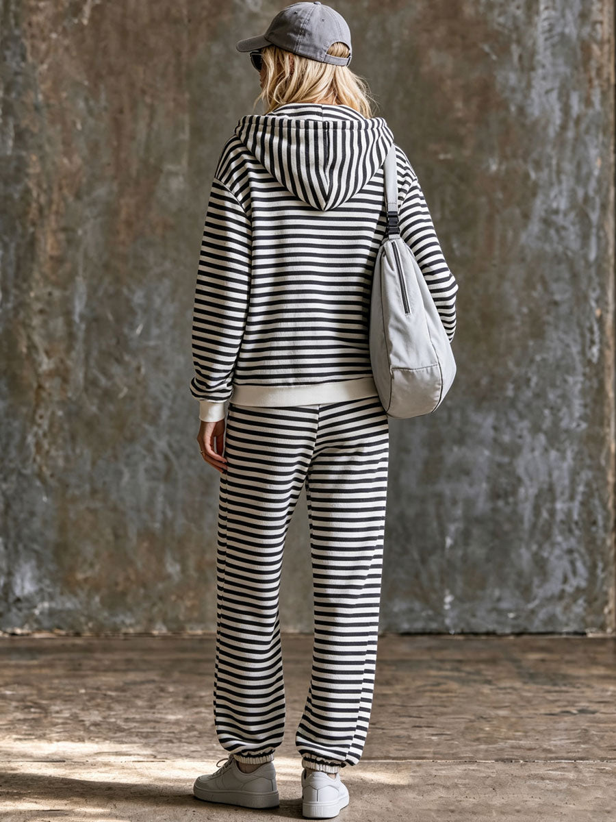 Casual Sporty Retro Cotton Black And White Striped Hooded Sweatshirt And Pants Set