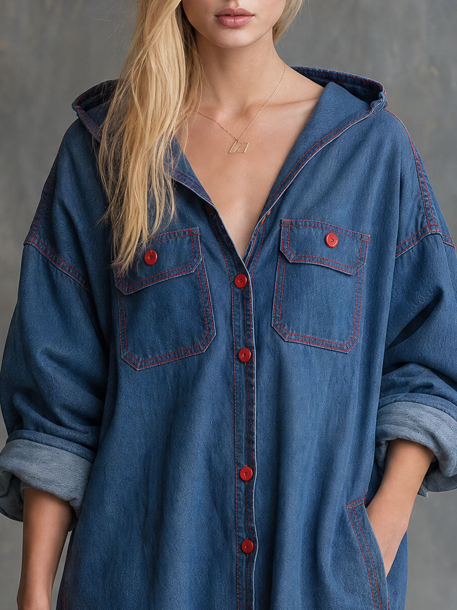 Casual Retro Blue Hooded Button Denim Mini Dress