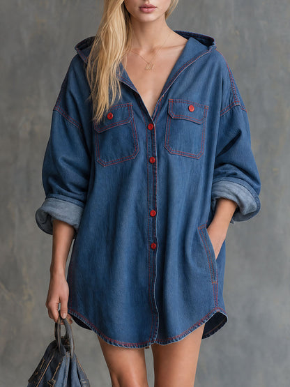 Casual Retro Blue Hooded Button Denim Mini Dress