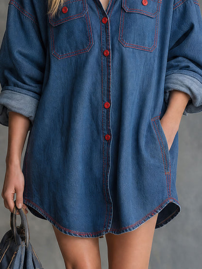 Casual Retro Blue Hooded Button Denim Mini Dress