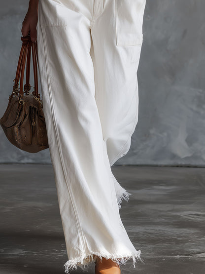 Casual Retro White Hooded Button-down Cotton Jumpsuit