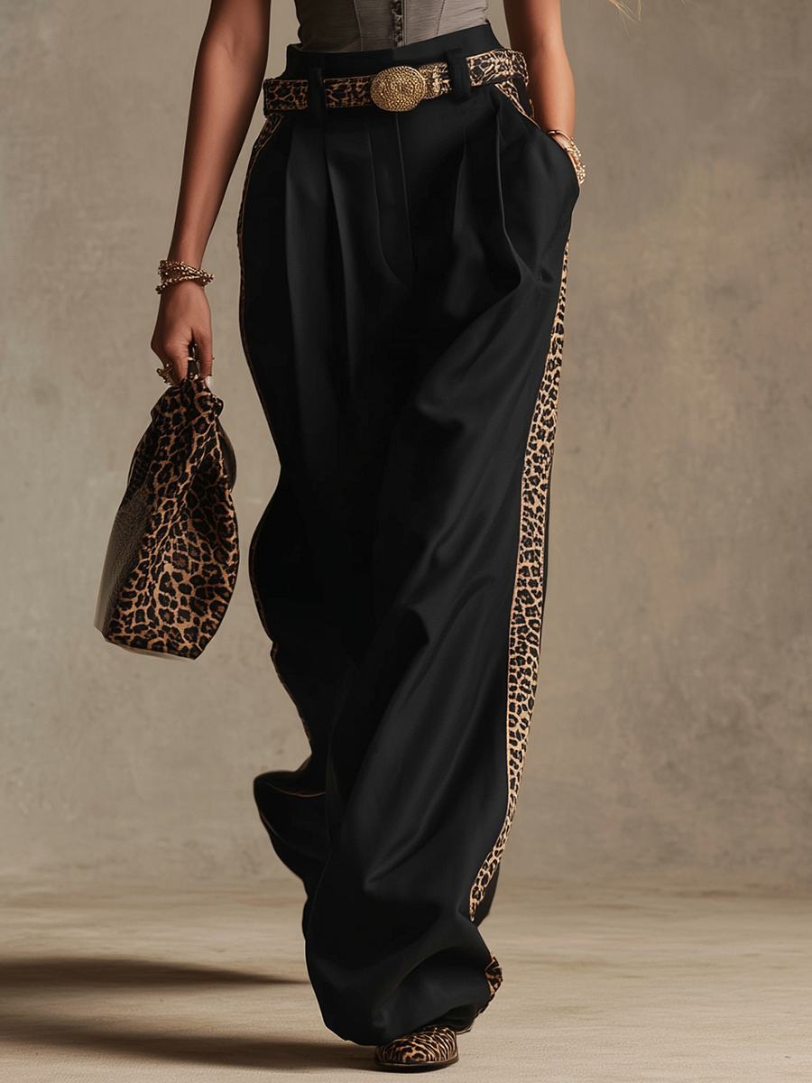 Retro Casual Western-Style Leopard-Print Paneled Trousers