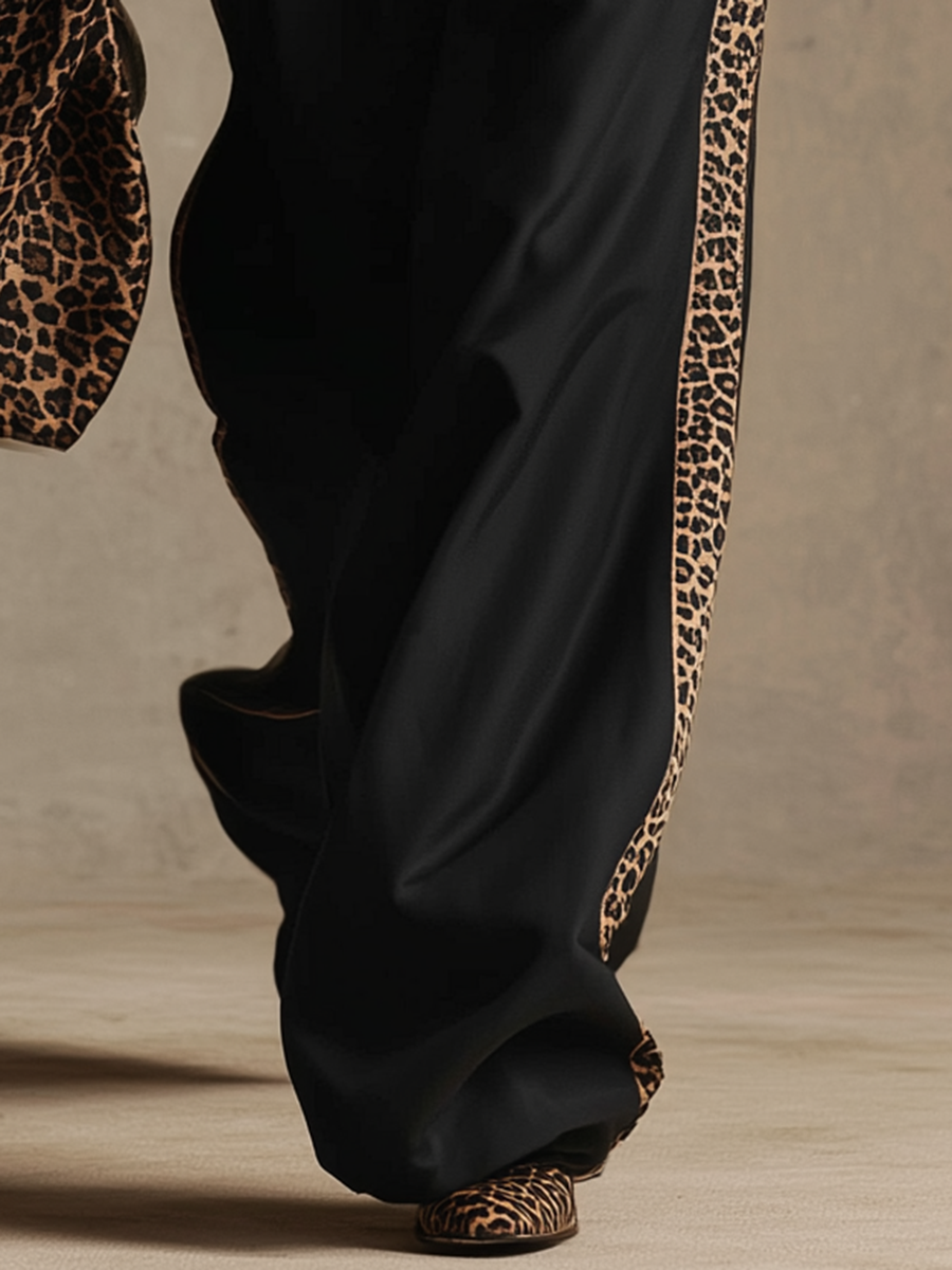 Retro Casual Western-Style Leopard-Print Paneled Trousers