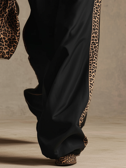 Retro Casual Western-Style Leopard-Print Paneled Trousers