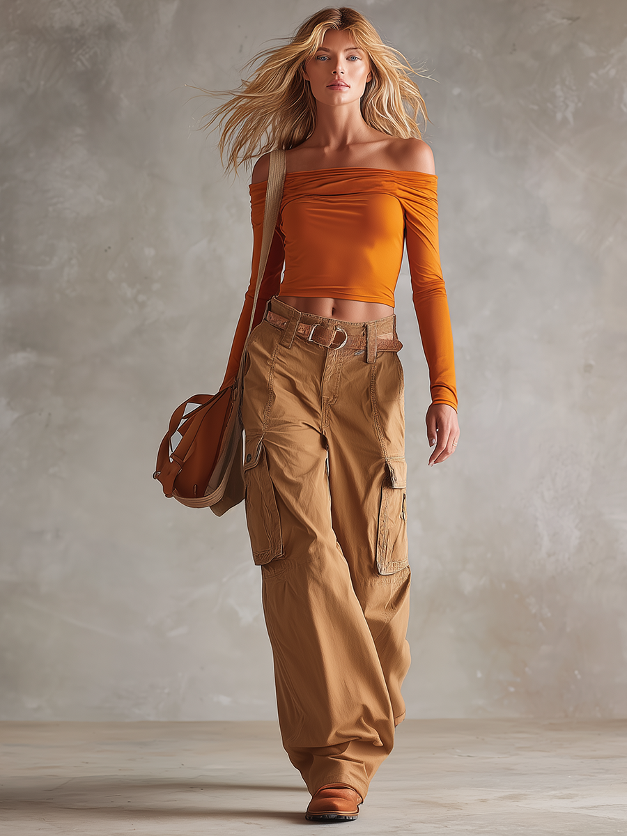 Retro-casual Western-style Off-shoulder Pant Set
