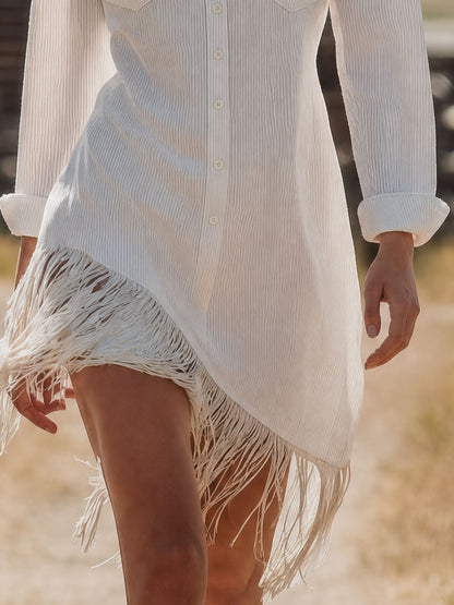 Western-style Vintage Fringed White Collared Button Cotton Midi Dress
