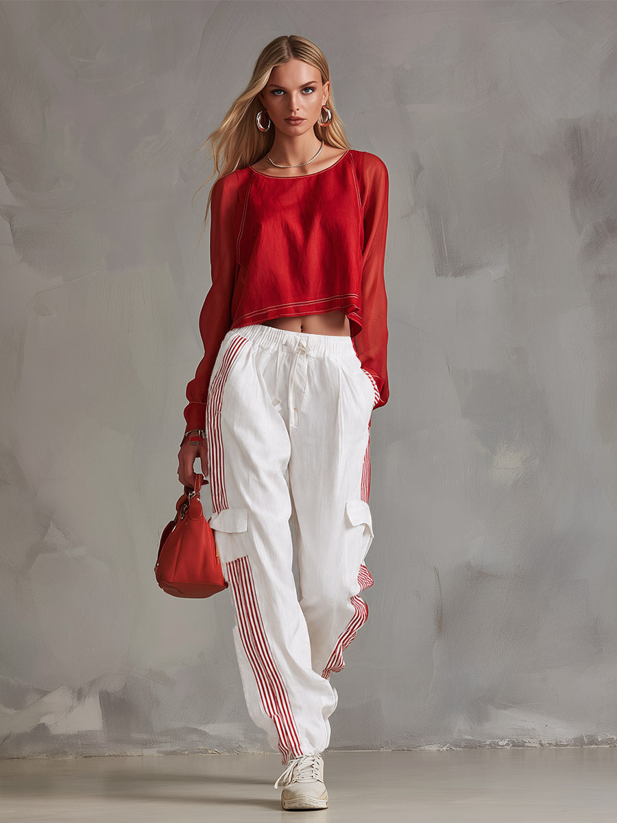 Casual-chic Red Shirt And White Cargo Pants Cotton Set
