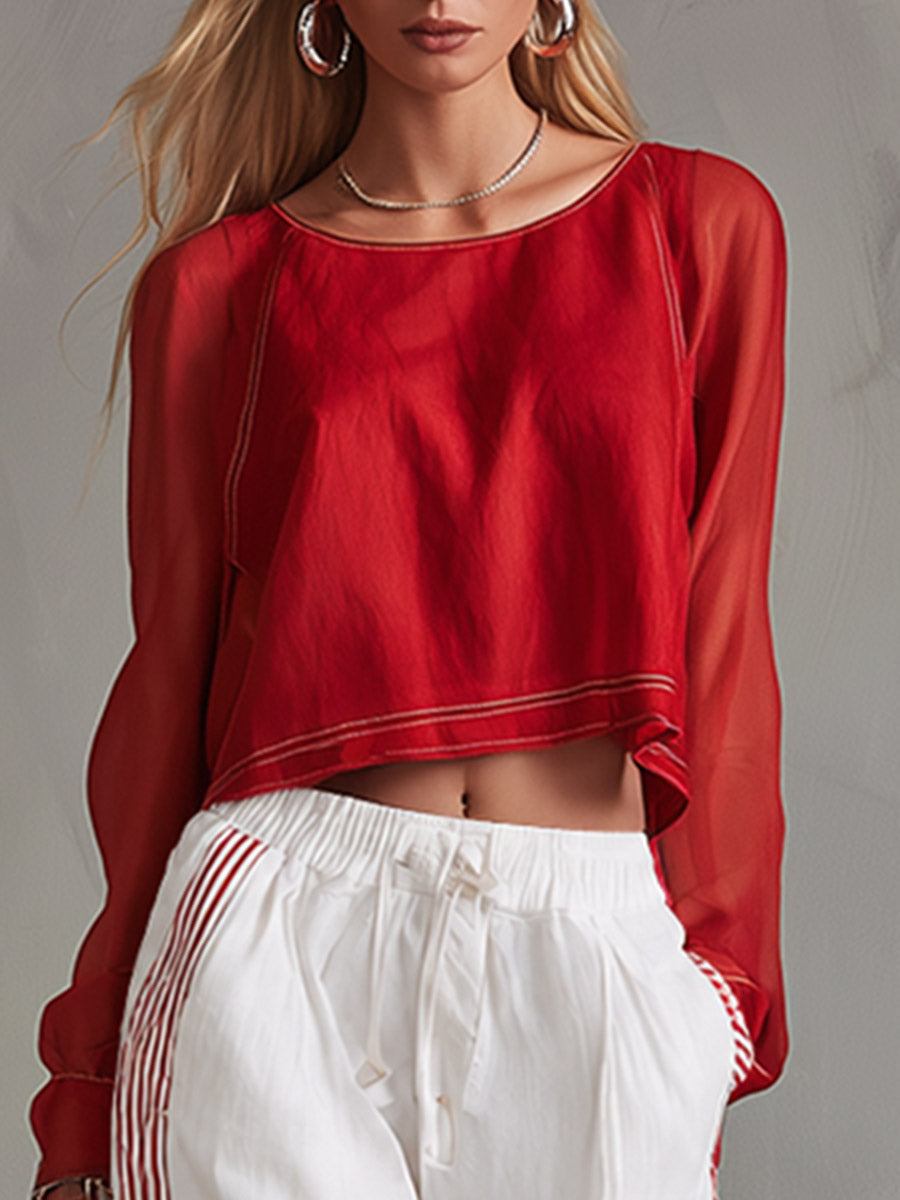Casual-chic Red Shirt And White Cargo Pants Cotton Set
