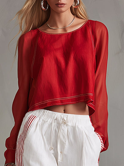 Casual-chic Red Shirt And White Cargo Pants Cotton Set