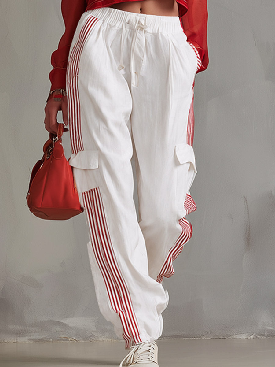 Casual-chic Red Shirt And White Cargo Pants Cotton Set