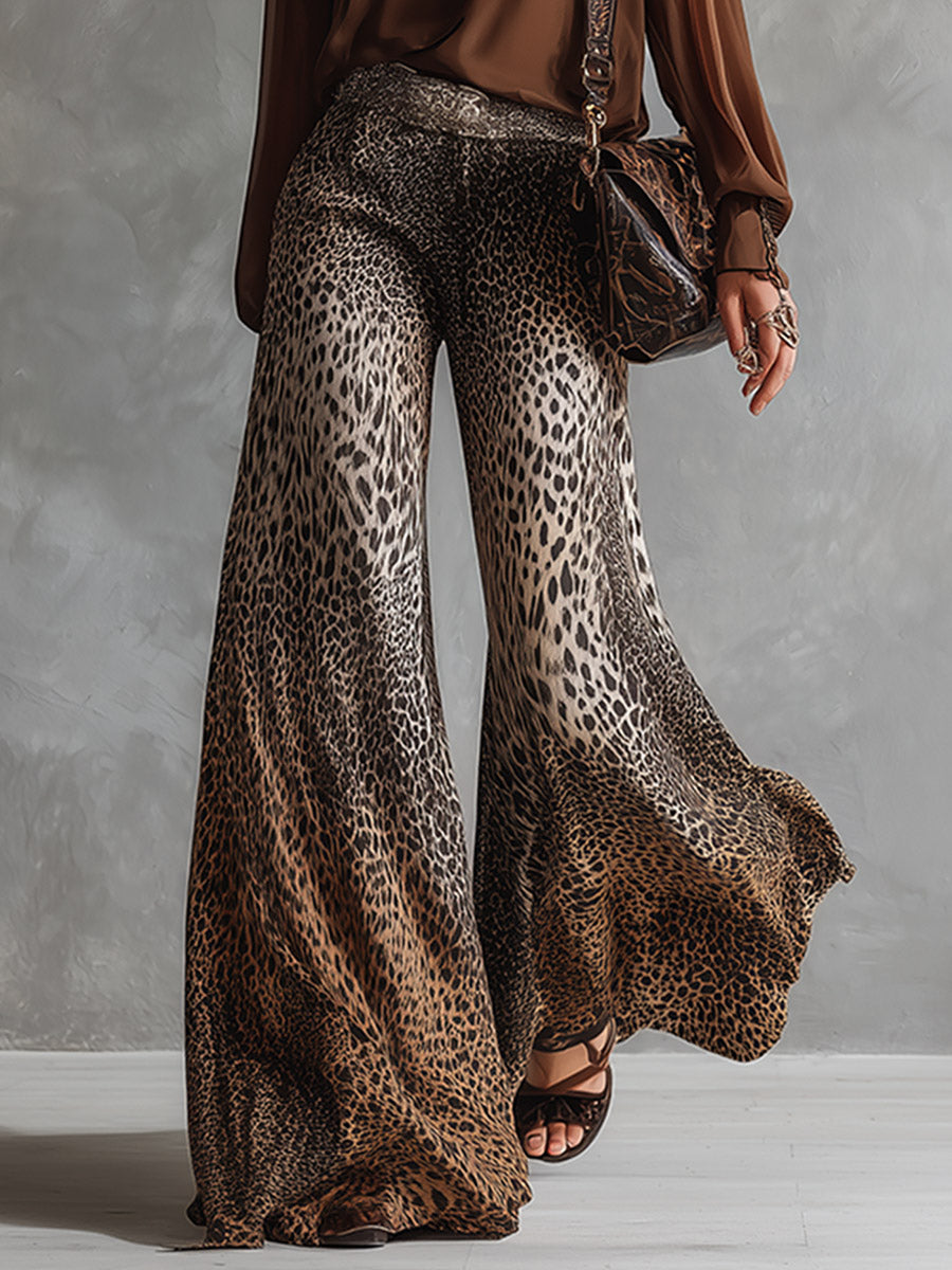 Retro Urban Brown V-Neck Shirt And Leopard-Print Wide-Leg Flared Trousers Chiffon Set
