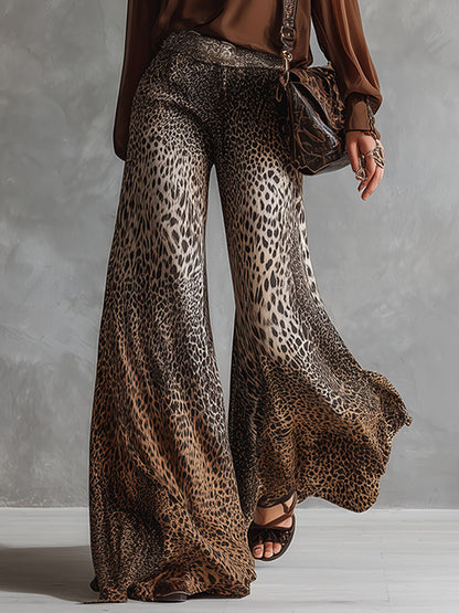Retro Urban Brown V-Neck Shirt And Leopard-Print Wide-Leg Flared Trousers Chiffon Set