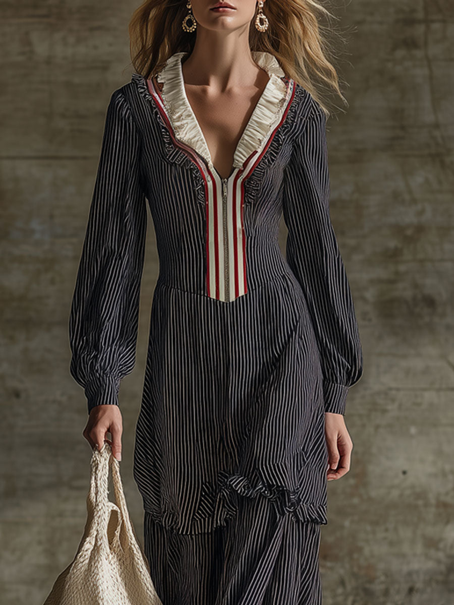 Fashionable Retro Ruffled Zipper Cotton Linen Black And White Striped Long-sleeved Maxi Dress