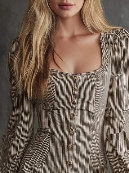 Vintage Dark Brown Striped Square Neck Puff Sleeve Button Cotton Mini Dress