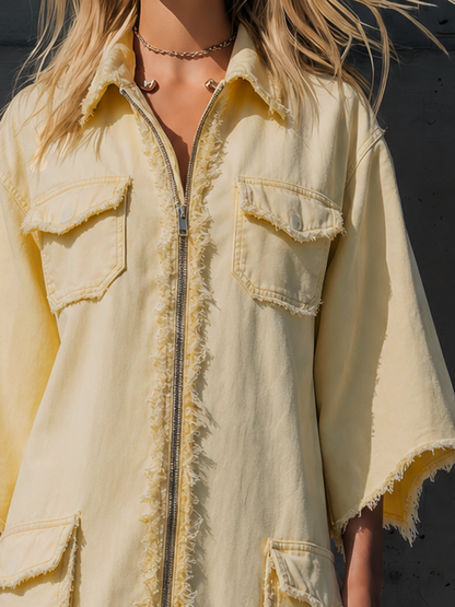 Vintage-style Distressed Utility Dress Featuring Large Pockets A Zippered Lapel A Drop-shoulder Design And A Raw-edge Fringed Hem