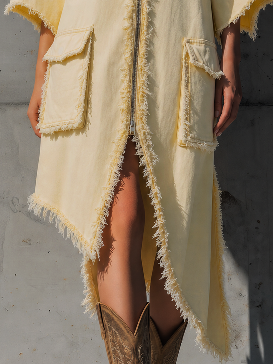 Vintage-style Distressed Utility Dress Featuring Large Pockets A Zippered Lapel A Drop-shoulder Design And A Raw-edge Fringed Hem