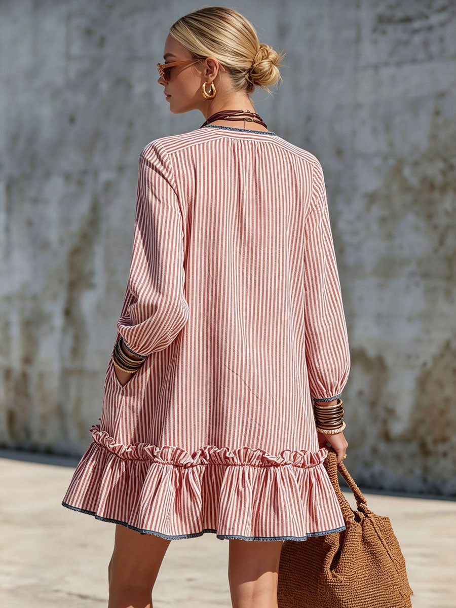 Casual Retro Ruffled Red And White Striped Cotton Linen Long-sleeved Mini Dress