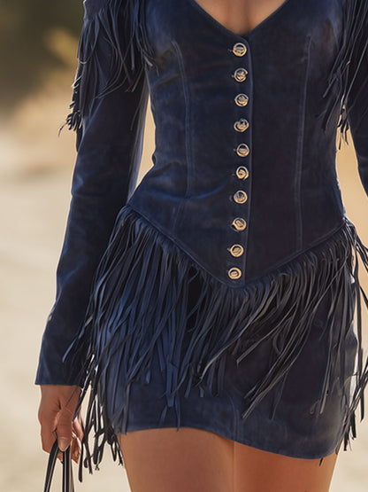 Western Retro Dark Blue Faux Suede Tassel Hollow-Out Long-Sleeved Mini Dress