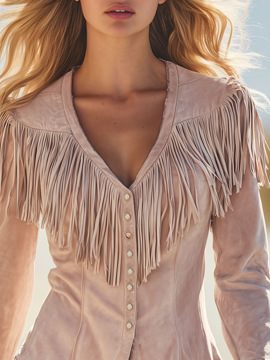 Western Retro Pink Faux Suede Tassel Long-Sleeved Shirt