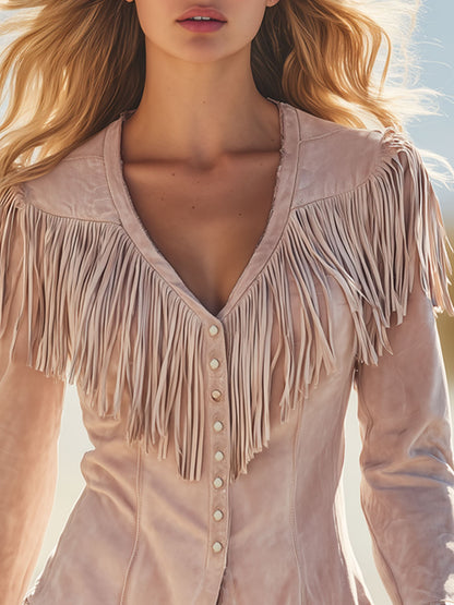 Western Retro Pink Faux Suede Tassel Long-Sleeved Shirt