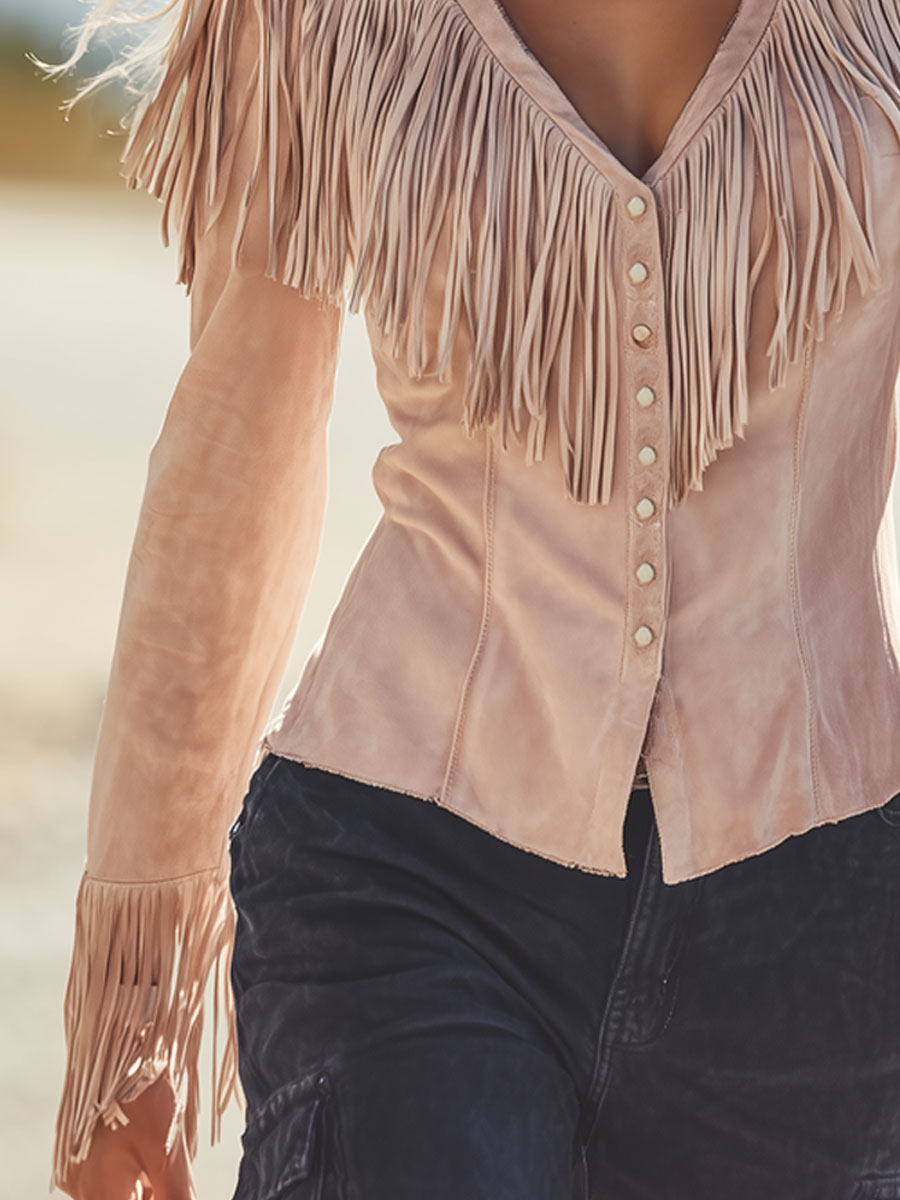 Western Retro Pink Faux Suede Tassel Long-Sleeved Shirt