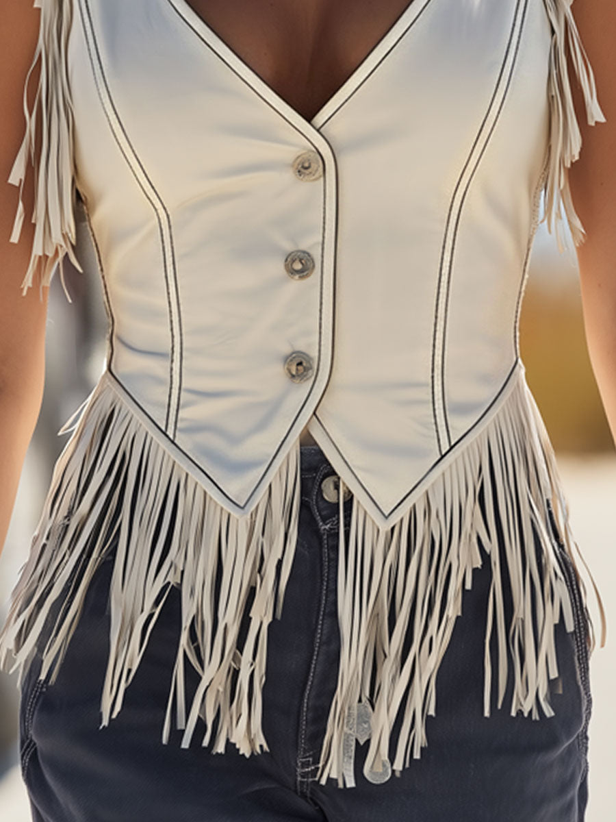 Western Retro White Faux Leather Tassel Vest