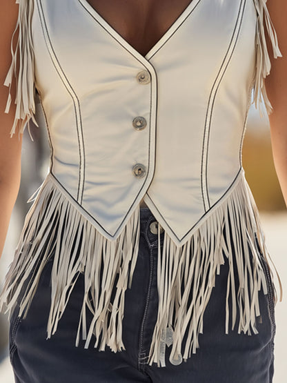 Western Retro White Faux Leather Tassel Vest