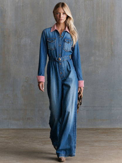 Retro Striped Collared Blue Button Denim Jumpsuit