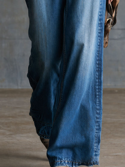 Retro Striped Collared Blue Button Denim Jumpsuit