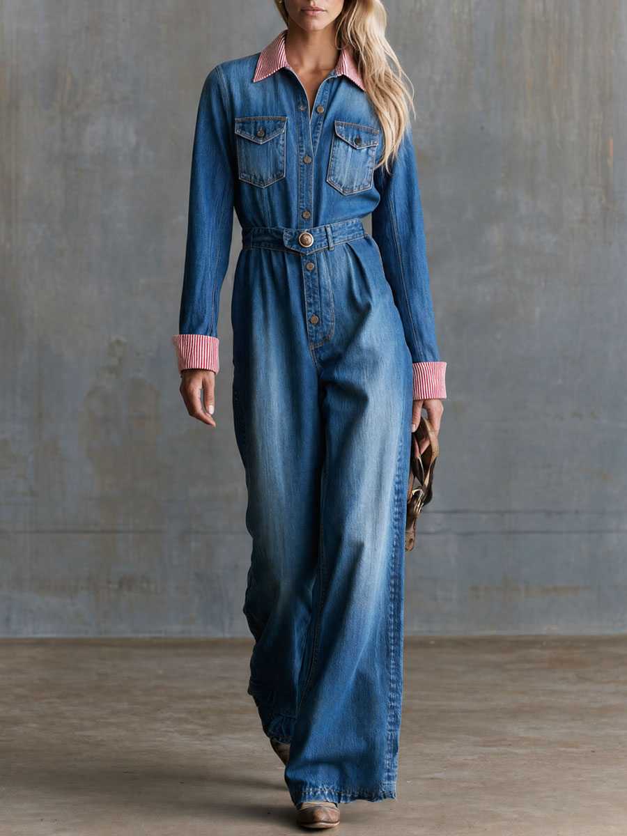 Retro Striped Collared Blue Button Denim Jumpsuit