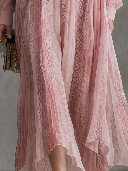 Retro Pink Crossover V-neck Chiffon Top And Snakeskin Print Skirt Set