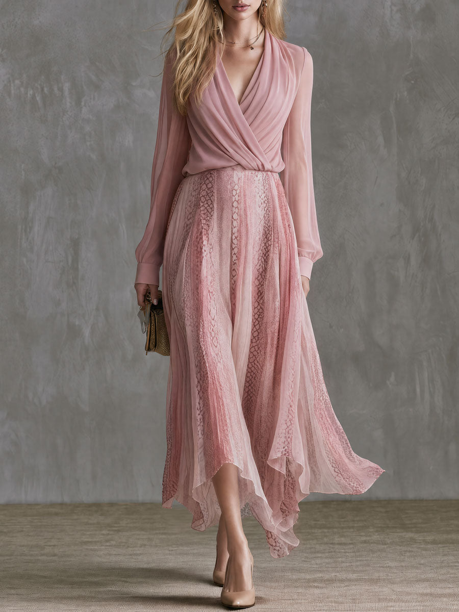 Retro Pink Crossover V-neck Chiffon Top And Snakeskin Print Skirt Set