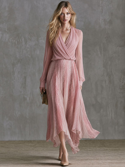 Retro Pink Crossover V-neck Chiffon Top And Snakeskin Print Skirt Set