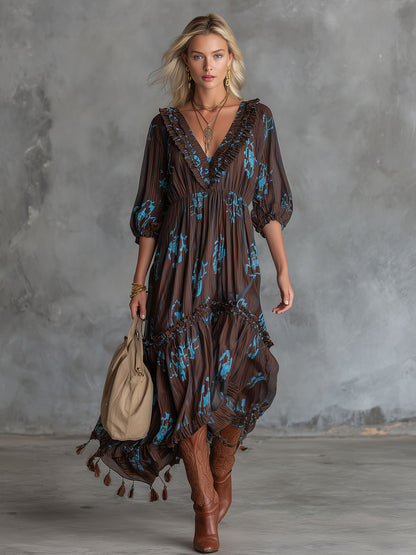 Western Retro Chocolate Striped Chiffon Tassel Midi Dress