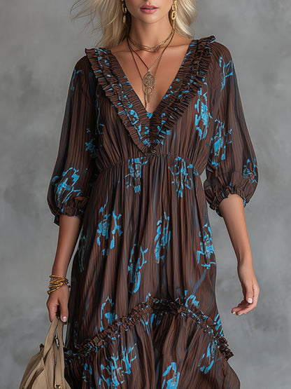 Western Retro Chocolate Striped Chiffon Tassel Midi Dress