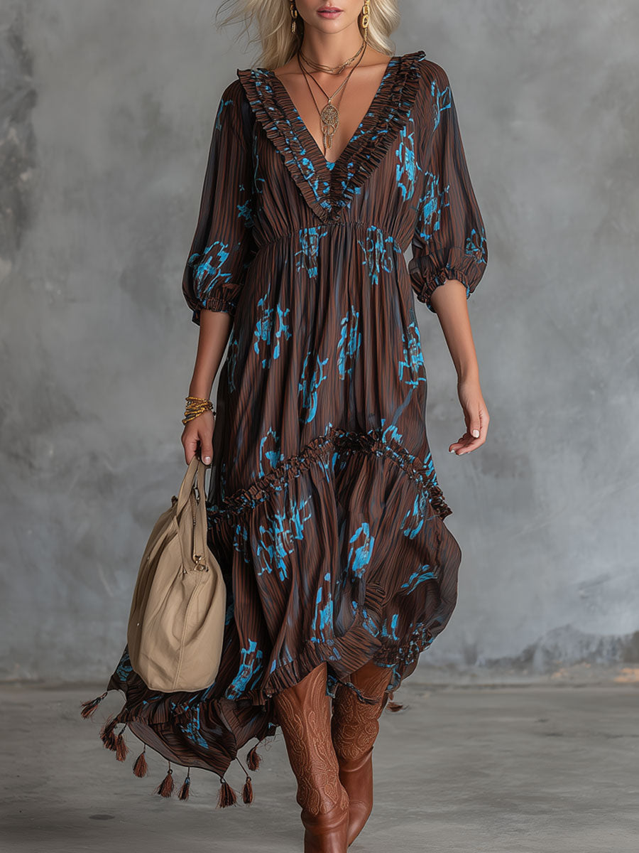 Western Retro Chocolate Striped Chiffon Tassel Midi Dress