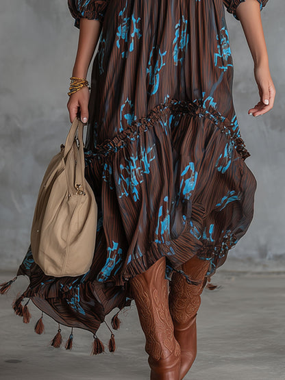 Western Retro Chocolate Striped Chiffon Tassel Midi Dress