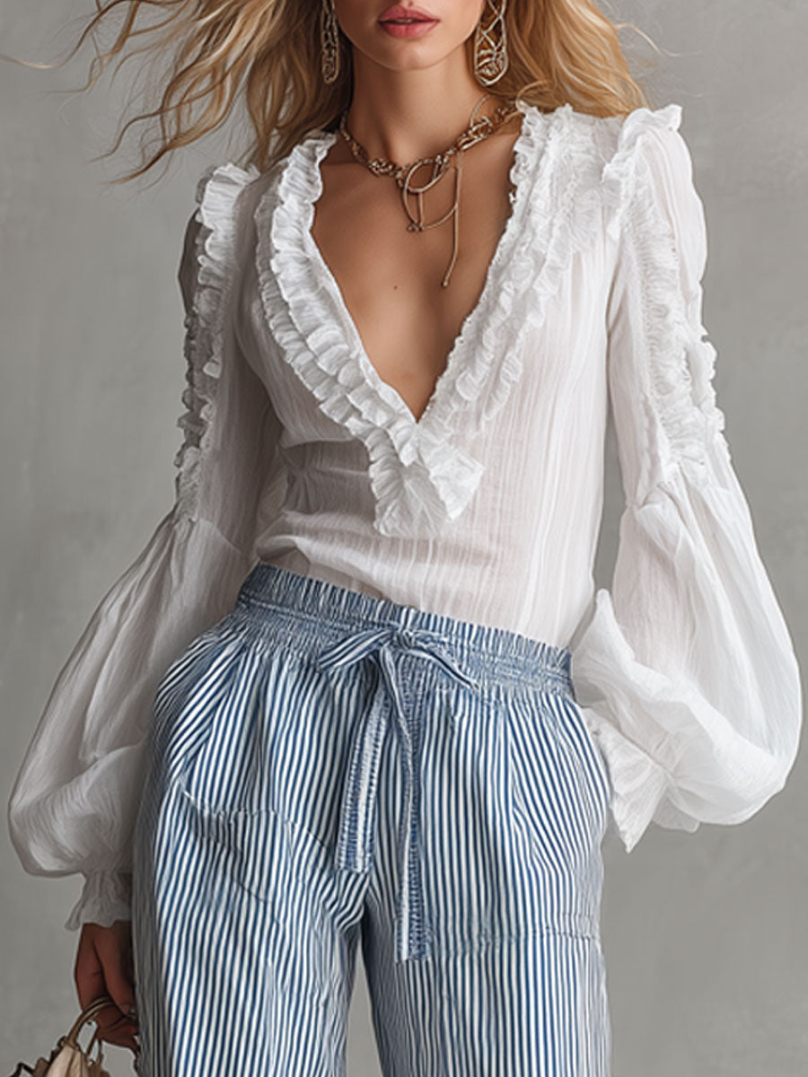 Casual Retro White Chiffon Long-sleeved Shirt And Blue Striped Cotton Linen Pants Set
