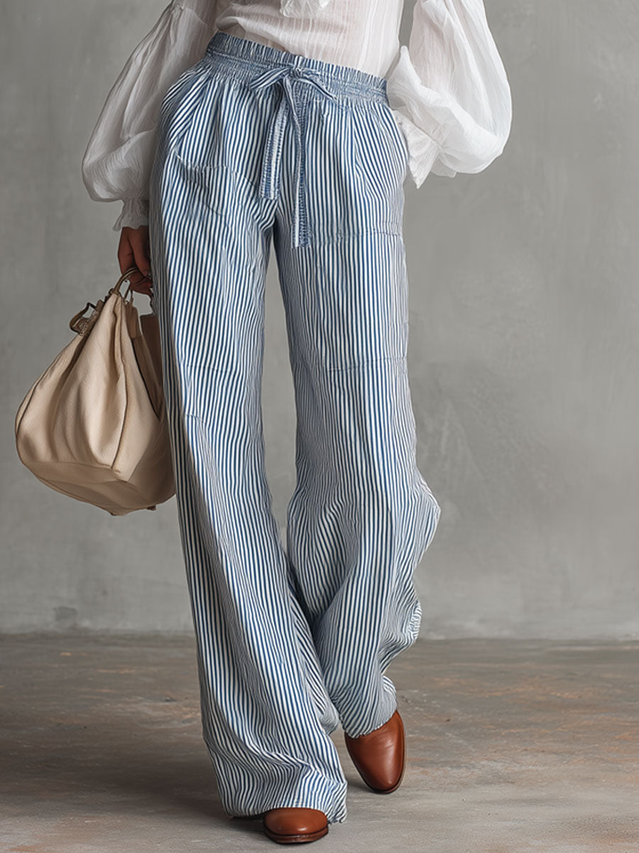 Casual Retro White Chiffon Long-sleeved Shirt And Blue Striped Cotton Linen Pants Set
