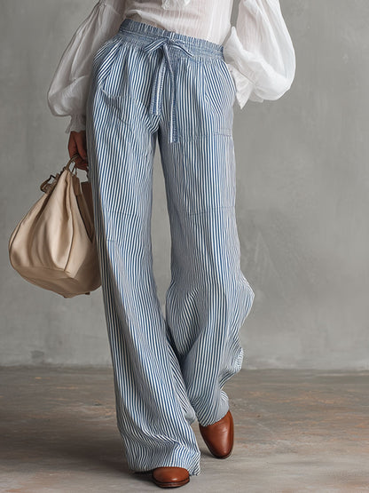 Casual Retro White Chiffon Long-sleeved Shirt And Blue Striped Cotton Linen Pants Set