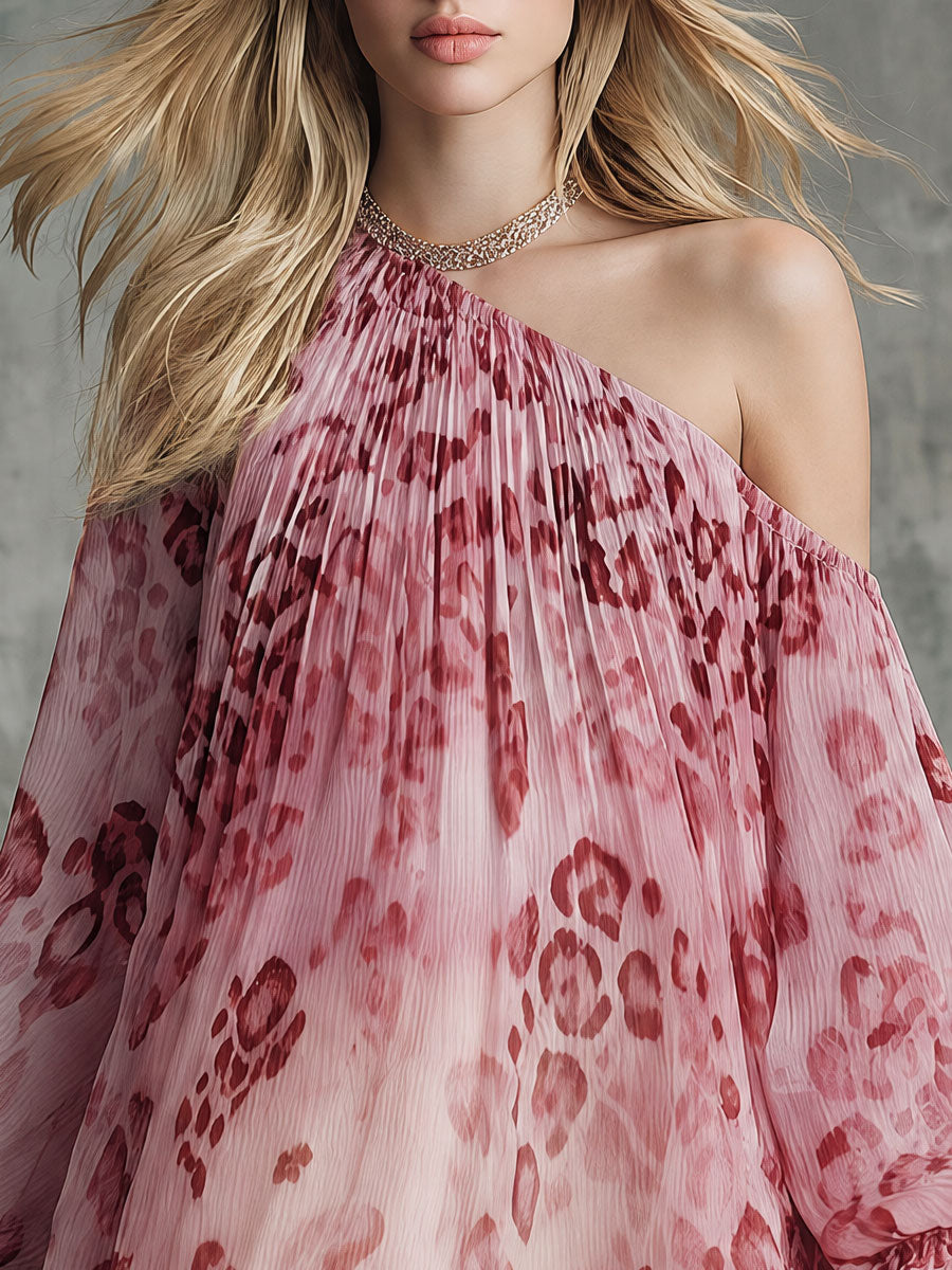Retro Pink Off-shoulder Ruffled Leopard Print Chiffon Mini Dress