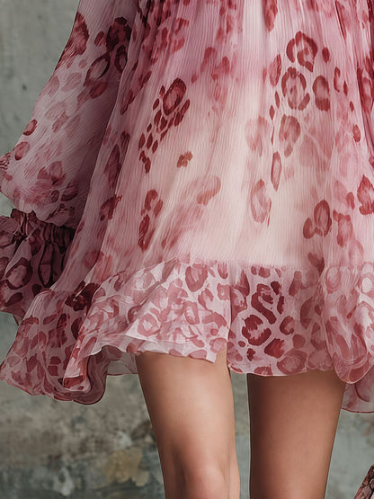 Retro Pink Off-shoulder Ruffled Leopard Print Chiffon Mini Dress
