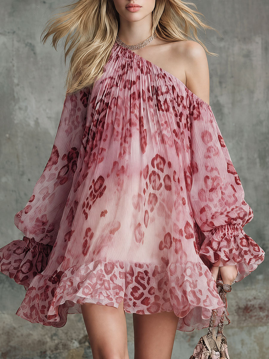 Retro Pink Off-shoulder Ruffled Leopard Print Chiffon Mini Dress