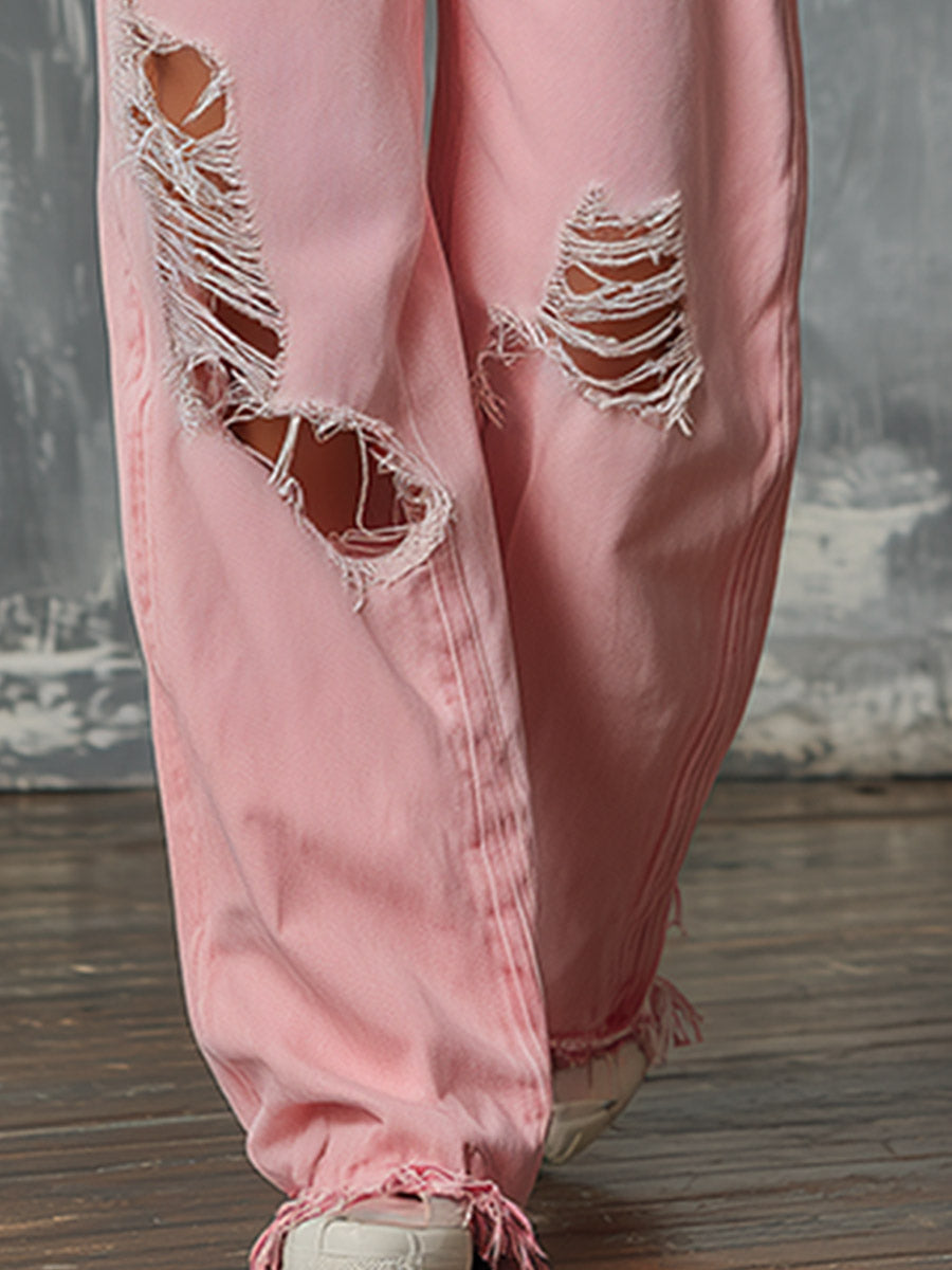 Casual Versatile Pink Wide-leg Ripped Jeans
