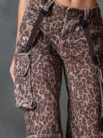 Retro Casual Brown Leopard-Print Multi-Pocket Utility Jeans