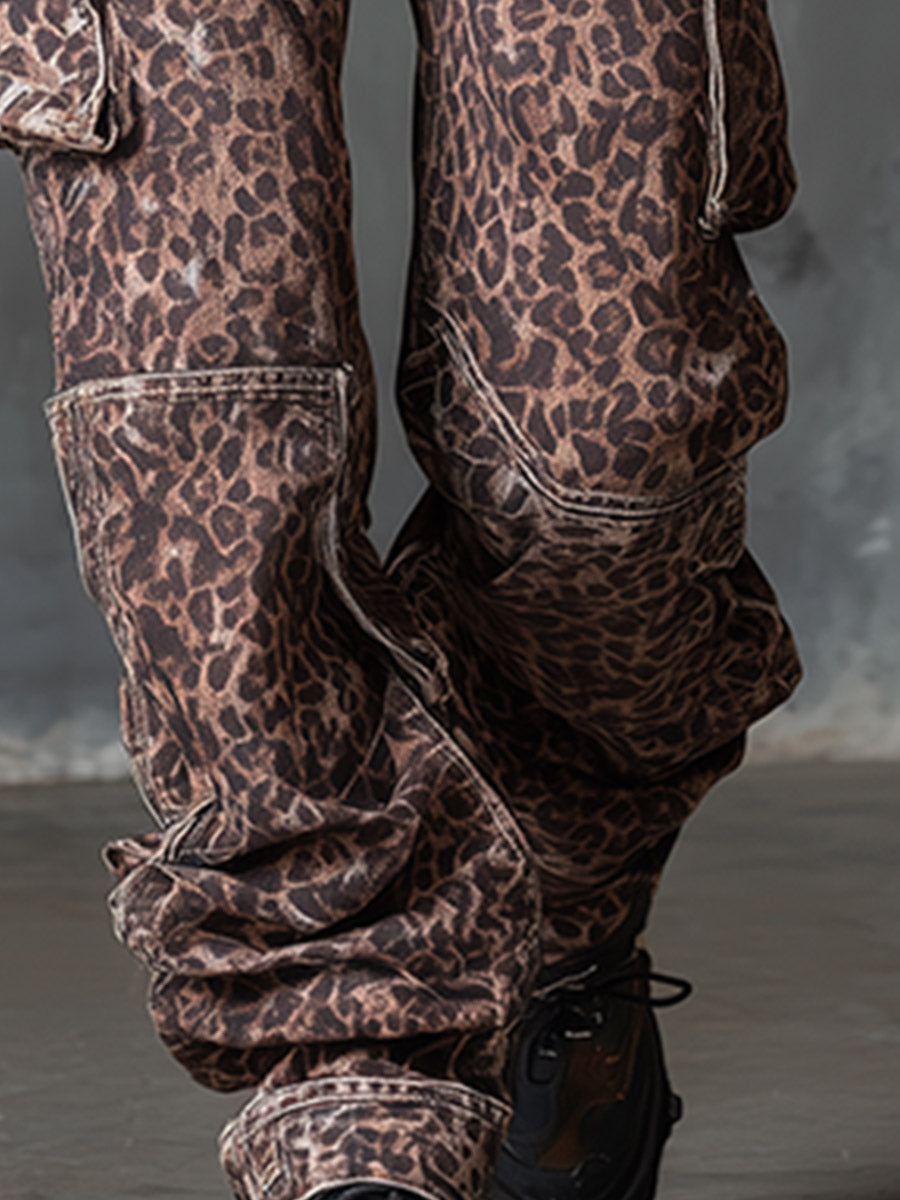 Retro Casual Brown Leopard-Print Multi-Pocket Utility Jeans