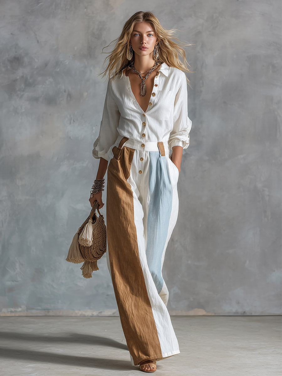Vintage-style Premium Color-block White Cotton-linen Long-sleeve Wide-leg Jumpsuit