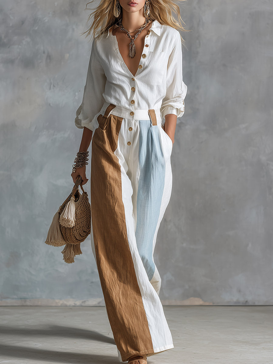 Vintage-style Premium Color-block White Cotton-linen Long-sleeve Wide-leg Jumpsuit