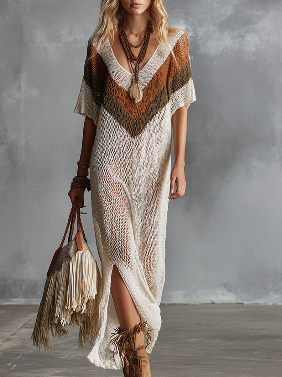 Retro-style Vacation Boho Color-block Beige Short-sleeved Knit Maxi Dress