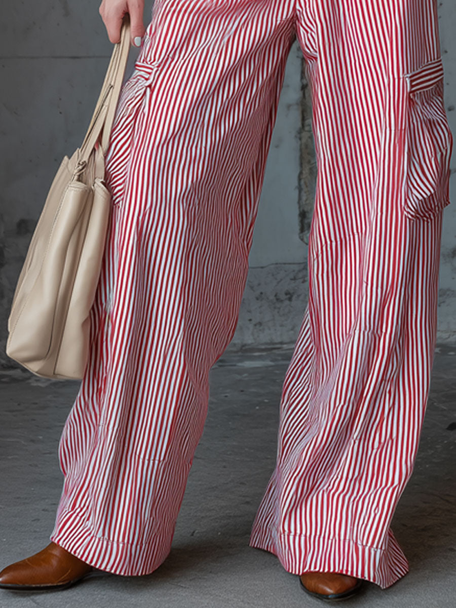 Casual Retro Red And White Striped Cargo Jeans